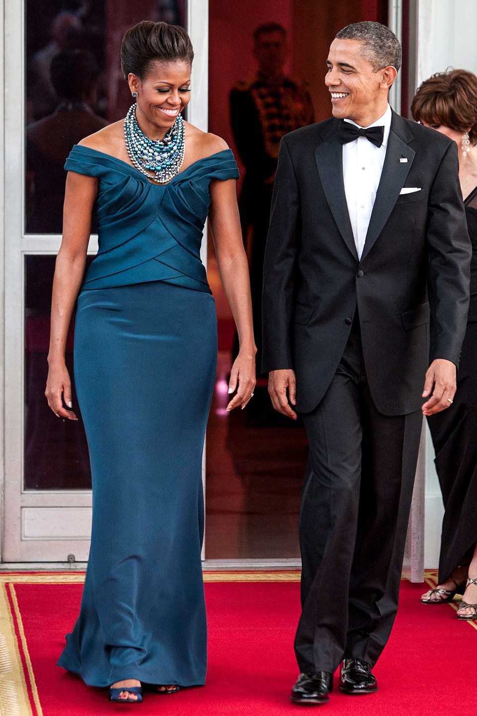at the 2012 state dinner for the u.k wearing Marchesa 
