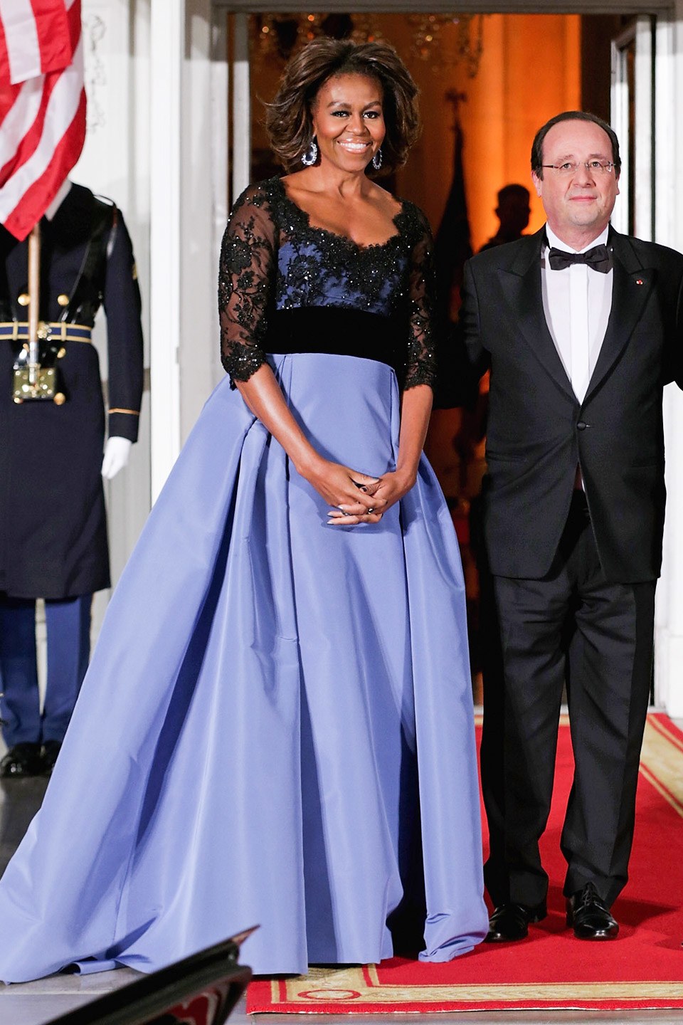 at the 2014 state dinner for france wearing Carolina Herrera 