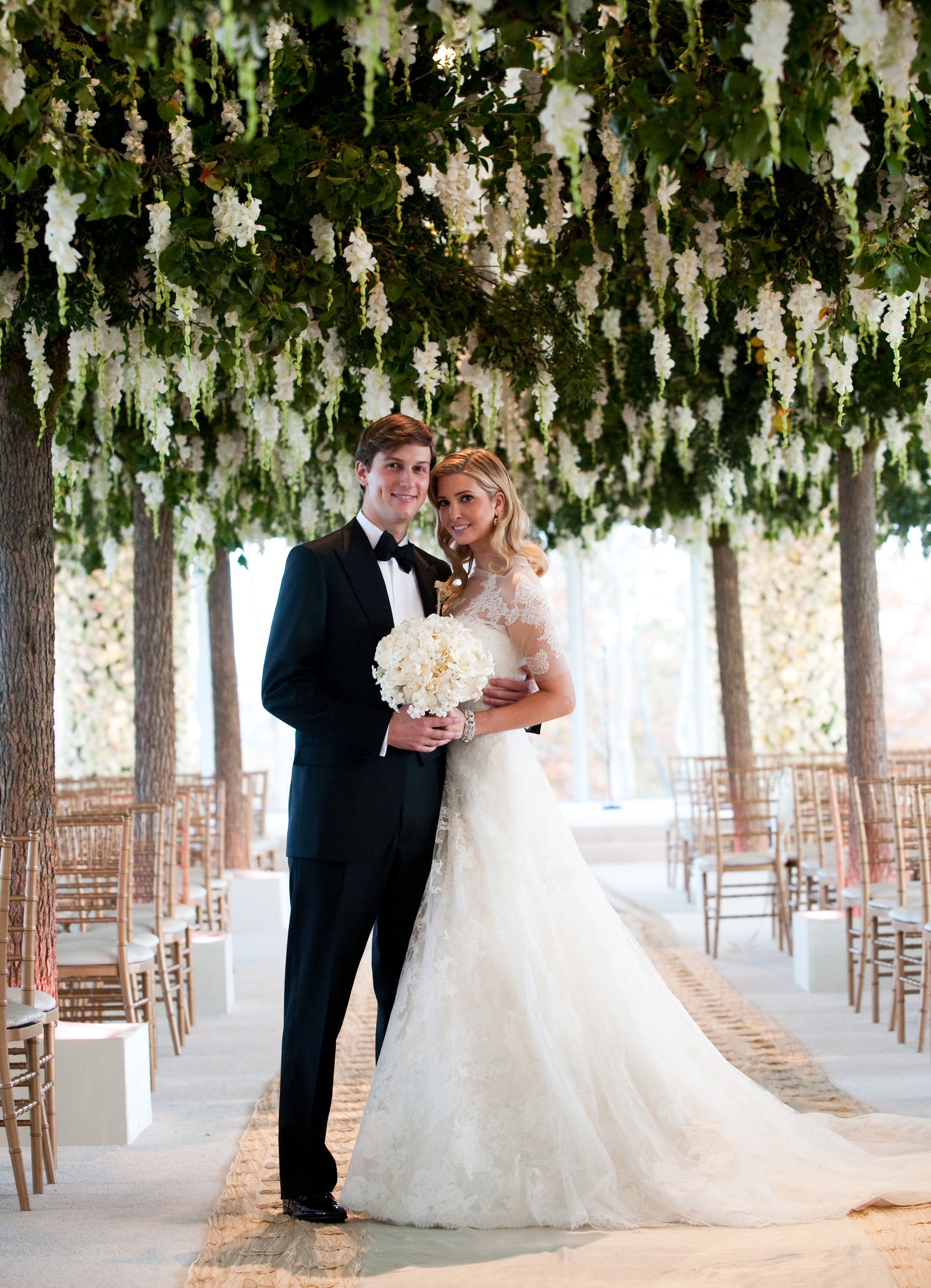 BEDMINSTER, NJ - OCTOBER, 25: In this handout image provided by Ivanka Trump and Jared Kushner, Ivanka Trump (R) and Jared Kushner (L) attend their wedding at Trump National Golf Club on October 25, 2009 in Bedminster, New Jersey. (Photo Brian Marcus/Fred Marcus Photography via Getty Images)